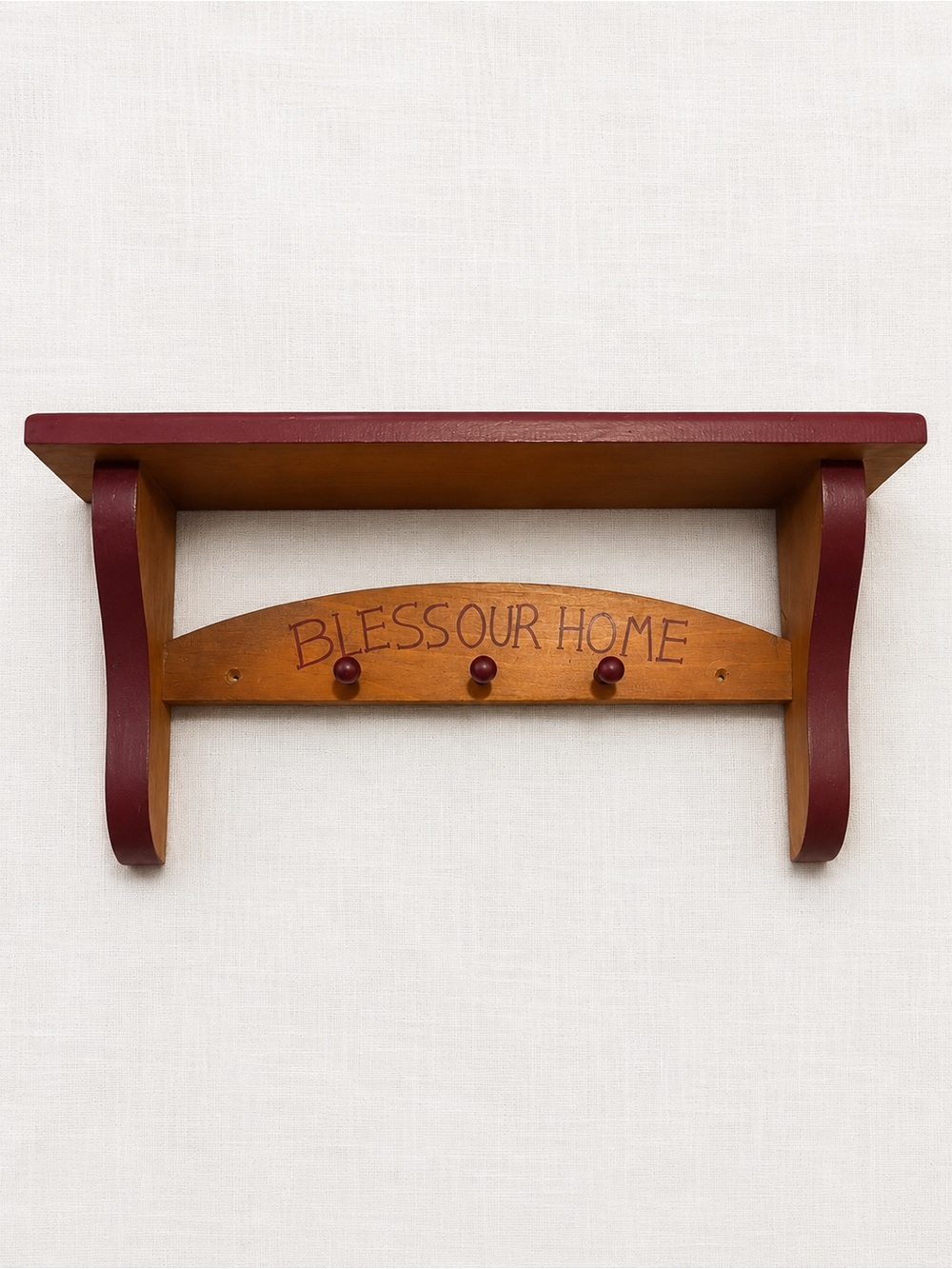 Vintage 90s Bless Our Home Wooden Wall Shelf with Hooks - Red and Natural